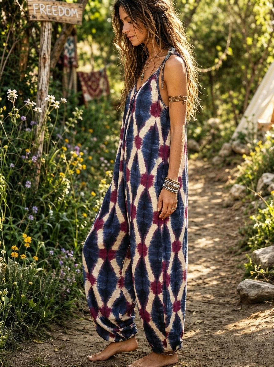 Women’s Boho Tie Dye Geometric Spaghetti Strap Harem Jumpsuit With Pockets