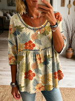 Women's Floral Pattern Art Print Casual Hollow Linen Shirt