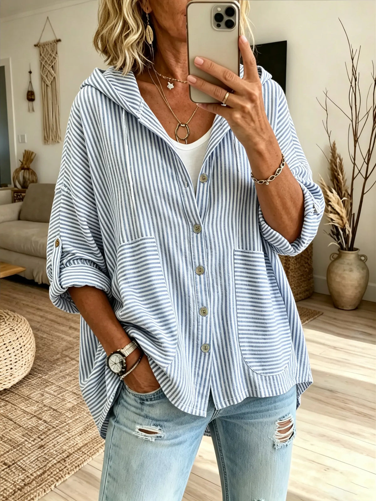 Women's Vertical Stripe Oversized Hooded Shirt