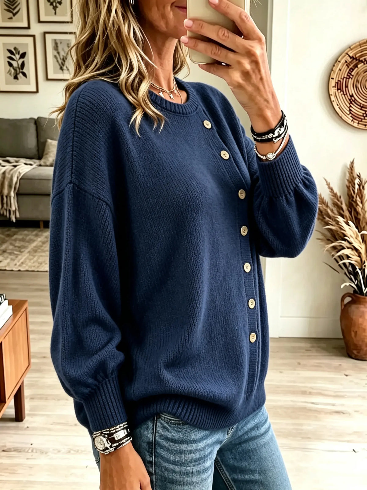 Women's Asymmetrical Button Crewneck Knit Sweater