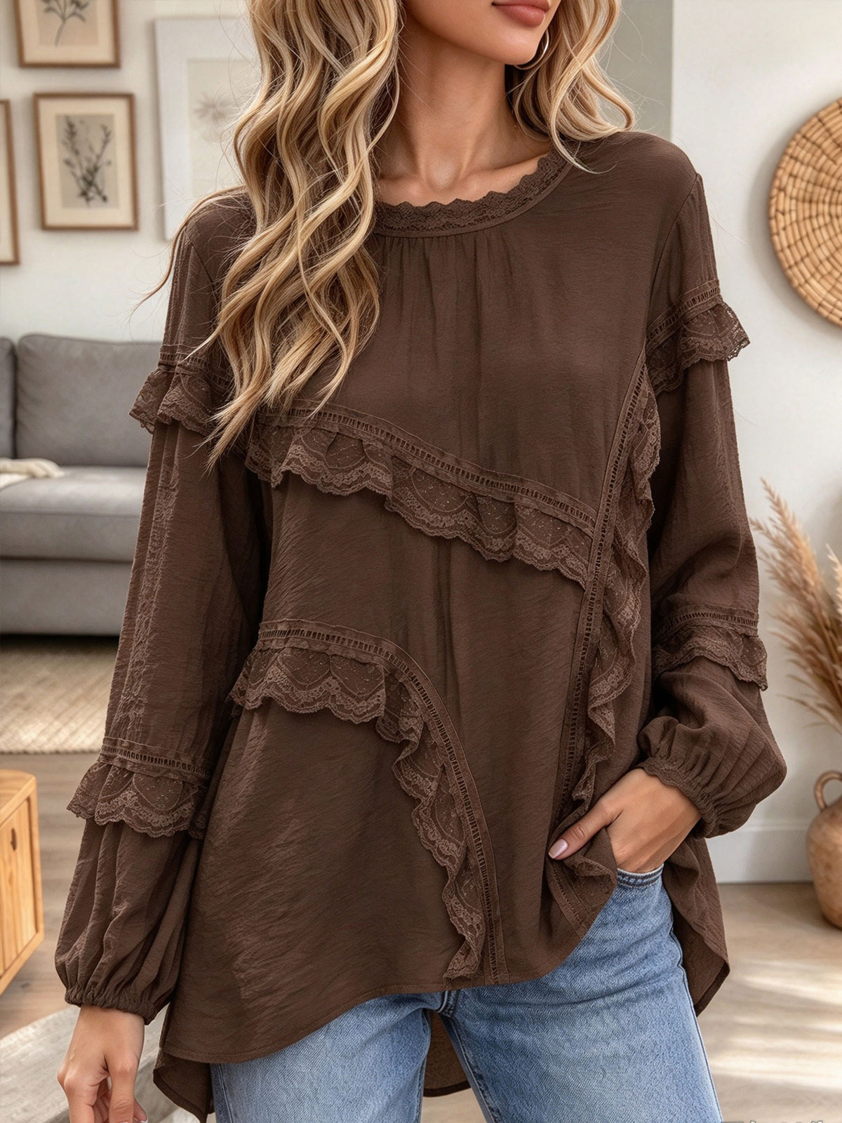 Women's Brown Asymmetric Ruffle Lace Patchwork Long Sleeve Casual Blouse