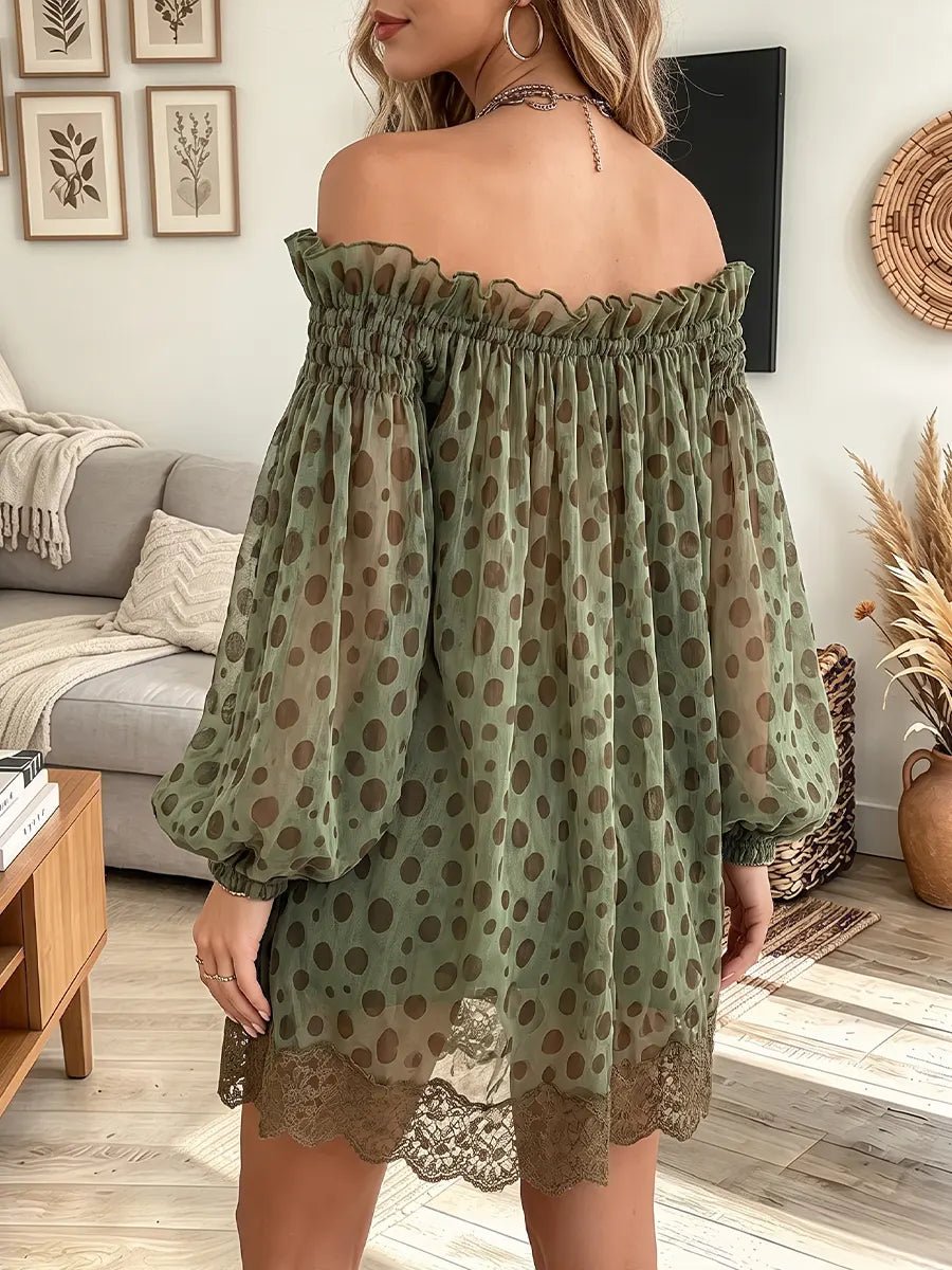 Vintage Elegant Polka Dot Chiffon Patchwork Lace Dress