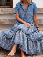 Women's Denim Leopard Patchwork Asymmetrical Tiered Maxi Dress With Pockets