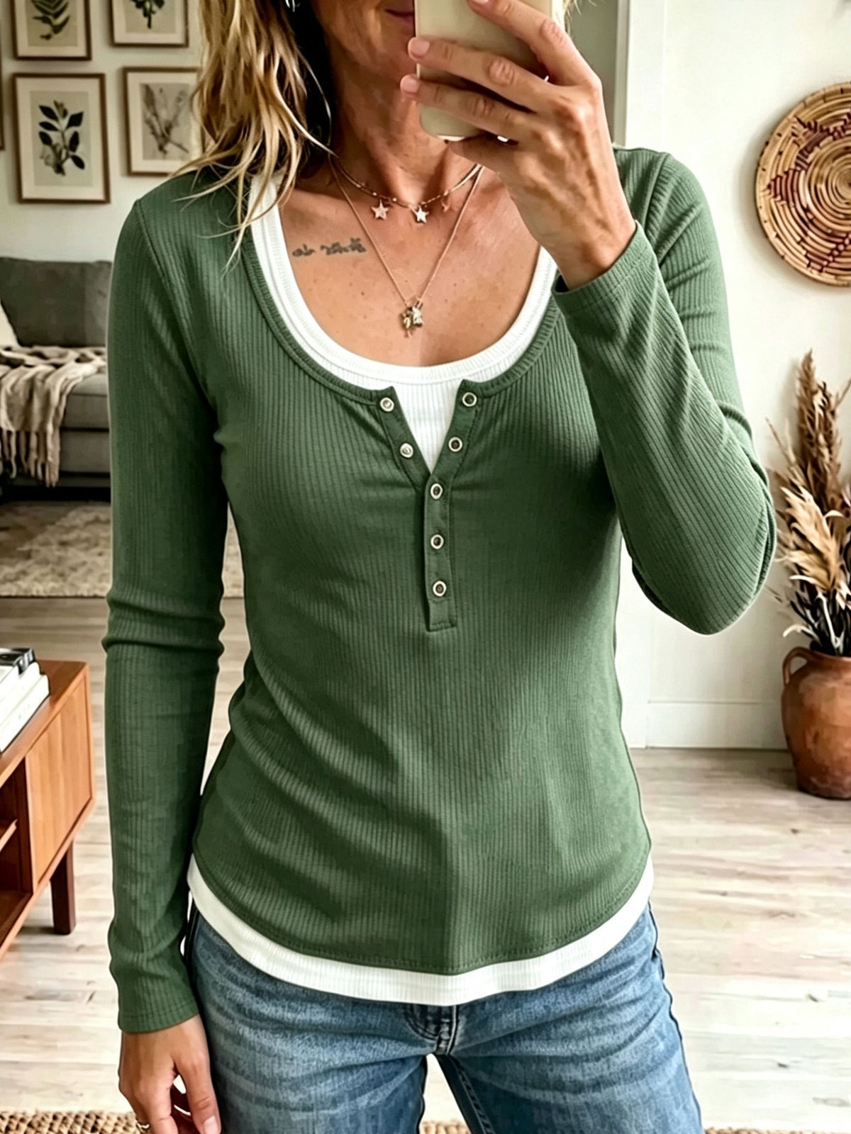 Mock Two‑Piece Ribbed Henley Top, Long Sleeve Scoop Neck Casual Tee