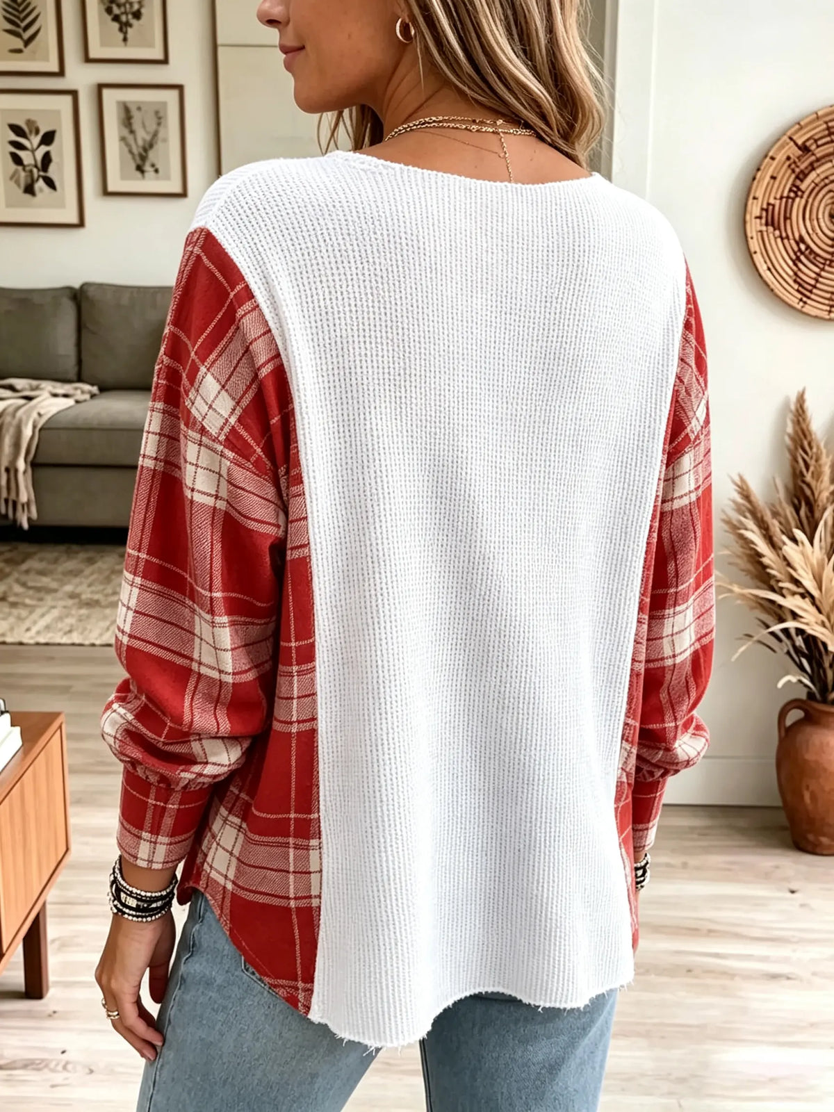 Women's Plaid Patchwork Waffle Knit Top
