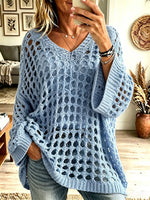 Women V-Neck Hollow Out Crochet Loose Long Sleeve Knit Top