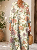 Retro Floral Pattern Art Print Casual V-neck Long Sleeve Cotton Linen Maxi Dress