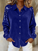 Velvet Sequin Raglan Sleeve Shirt, Button‑Down Party Blouse for Women