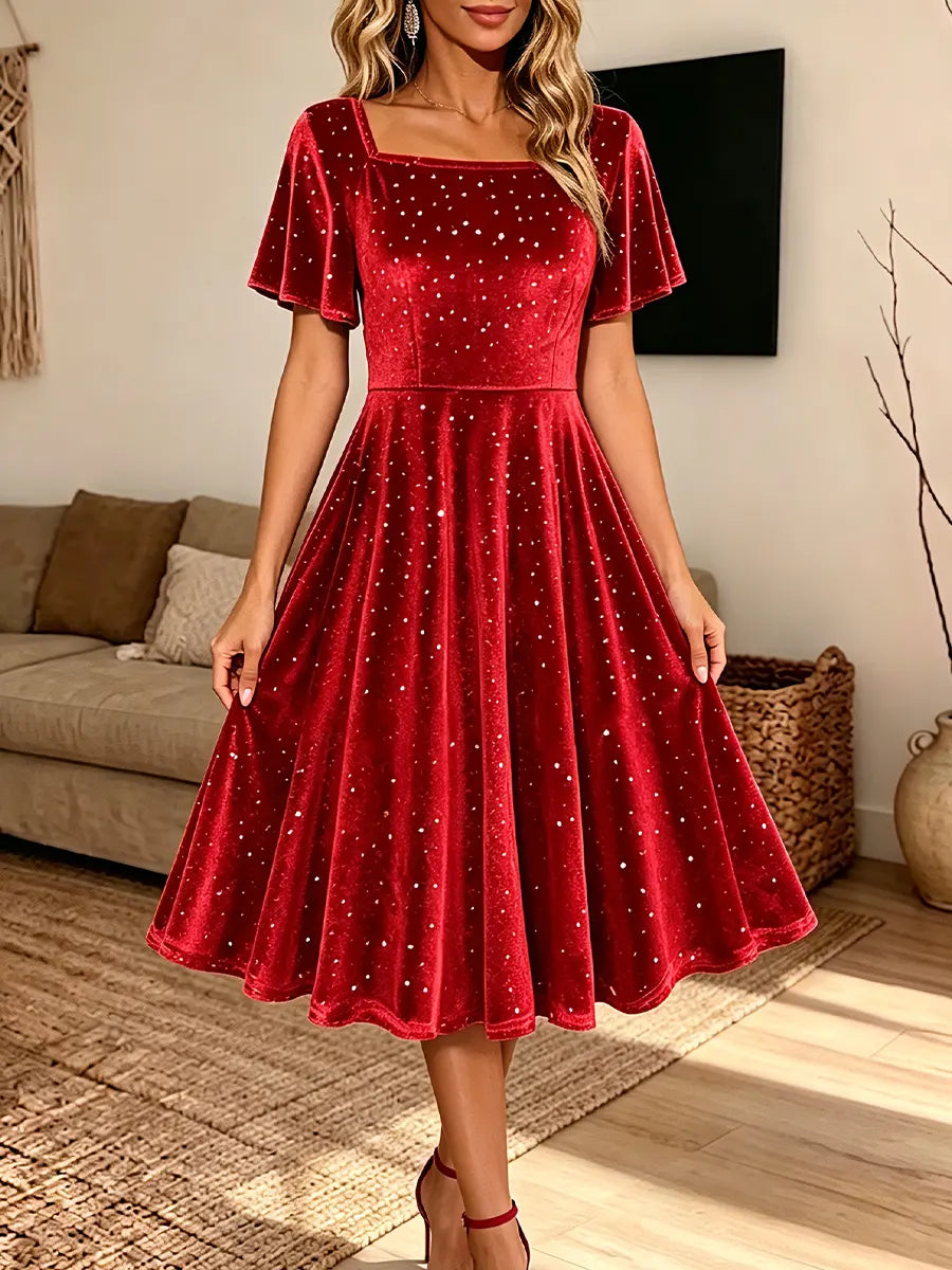 Vintage Elegant Velvet Rhinestone Square Neck Dress