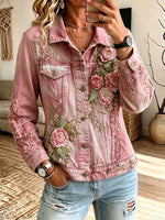 Retro Chic Floral Art Casual Stylish Lapel Long Sleeve Denim Coat
