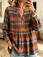Women's Henley V‑Neck Pleated Plaid Long Sleeve Blouse