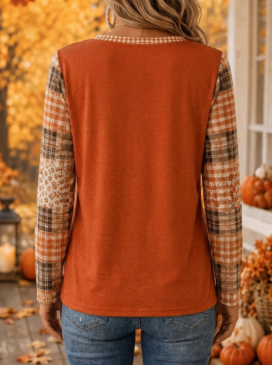Women's Fall Vibes Plaid Patchwork Long-Sleeve Top
