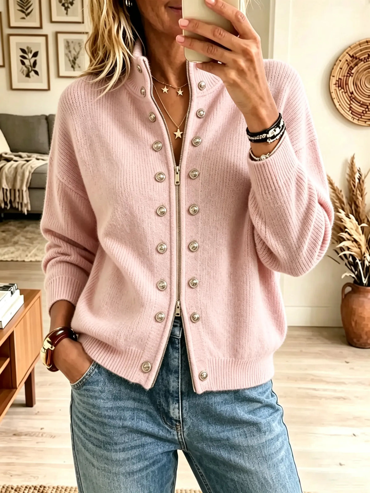 Women's Military Button Zip-Front Ribbed Cardigan