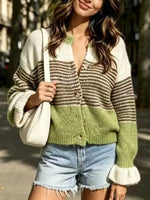 Retro Cozy Color Block Art Casual Stylish Long Sleeve Knit Cardigan Sweater