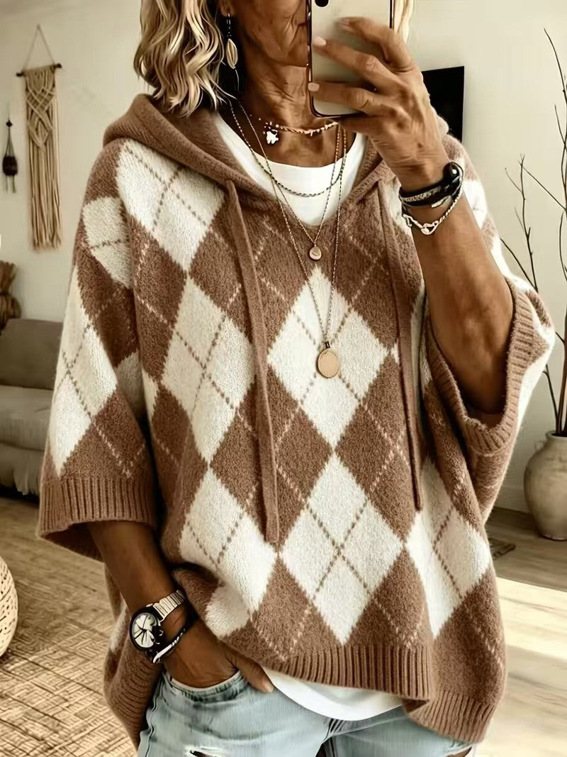 Women Argyle Diamond Pattern Hooded Half‑Sleeve Knit Sweater