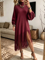 Turtleneck Lantern Sleeve Fringe Knit Midi Dress, Women Slit Loose Sweater Dress