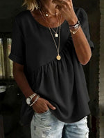 Women's Round Neck Cotton Linen Solid Color Loose Short-sleeved Shirt