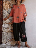 Womens’ Floral Embroidery Three Quarter Sleeve Top & Cropped Jogger Pants Two Piece Set