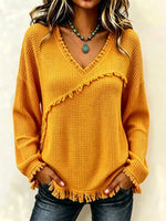 Fringe Trim Waffle Knit V‑Neck Sweater, Women Long Sleeve Loose Pullover Top