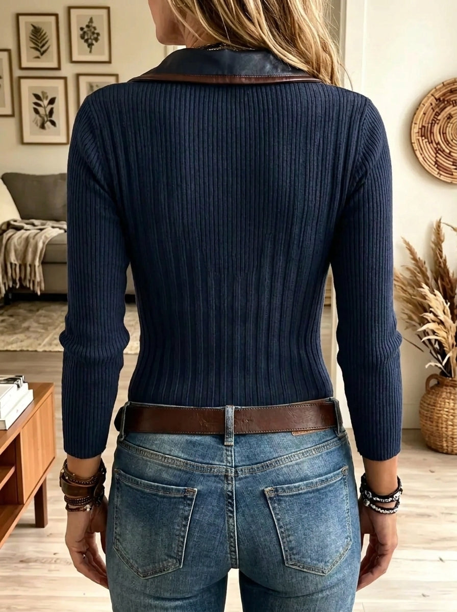Women's Faux Leather Trim Asymmetrical Button Ribbed Top