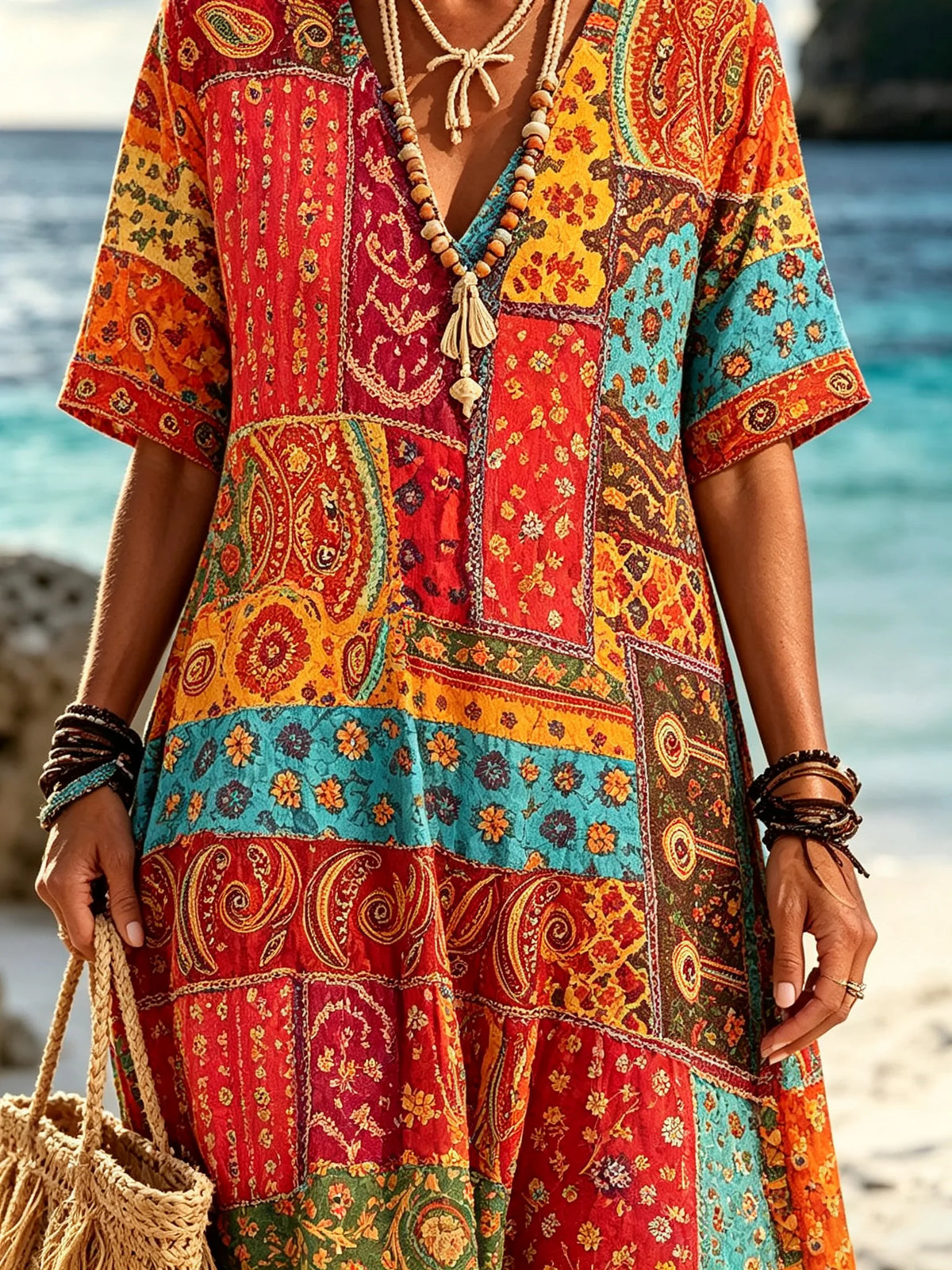 Women Color Block Paisley Tiny Floral Patchwork Print V Neck Maxi Dress