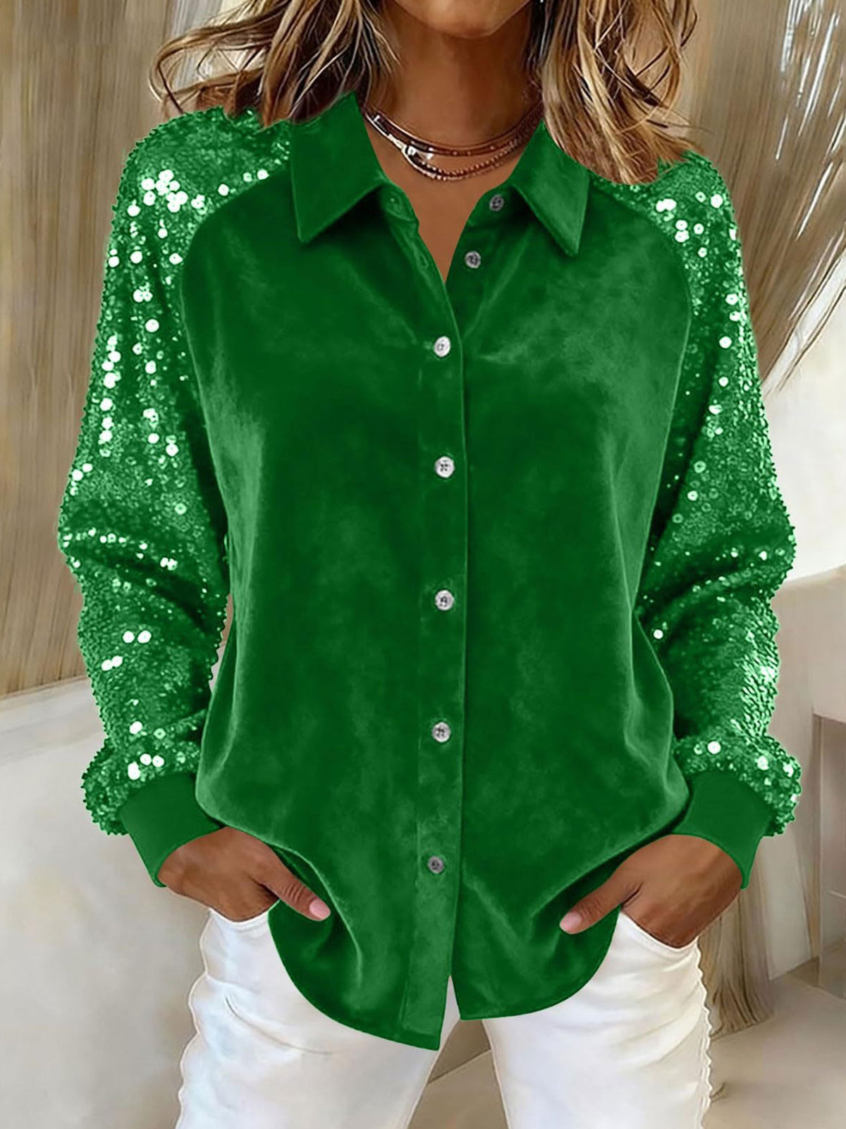 Velvet Sequin Raglan Sleeve Shirt, Button‑Down Party Blouse for Women