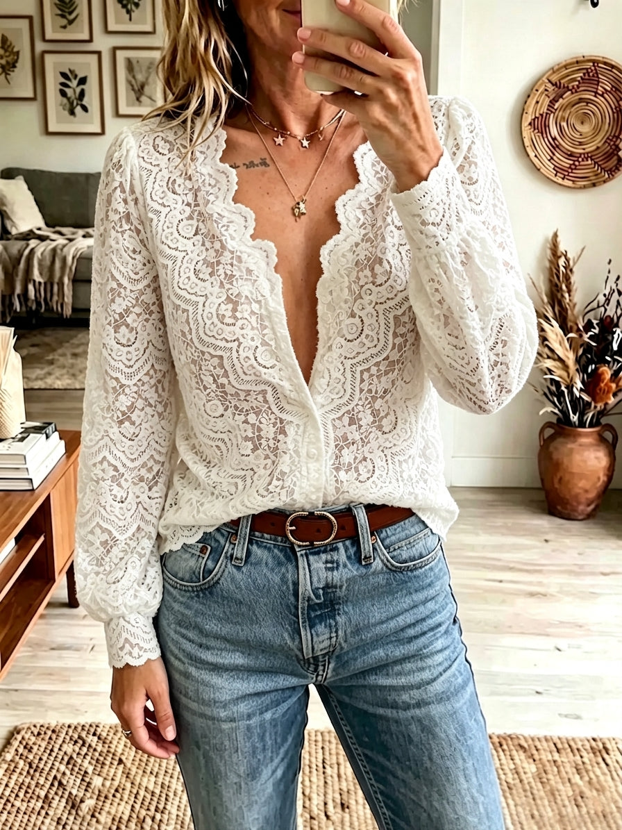 Women Scalloped V‑Neck Lace Blouse Long Sleeve Elegant Cropped Top