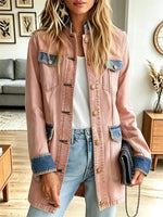 Retro Pink Button Pockets Art Casual Stylish Long Sleeve Denim Coat