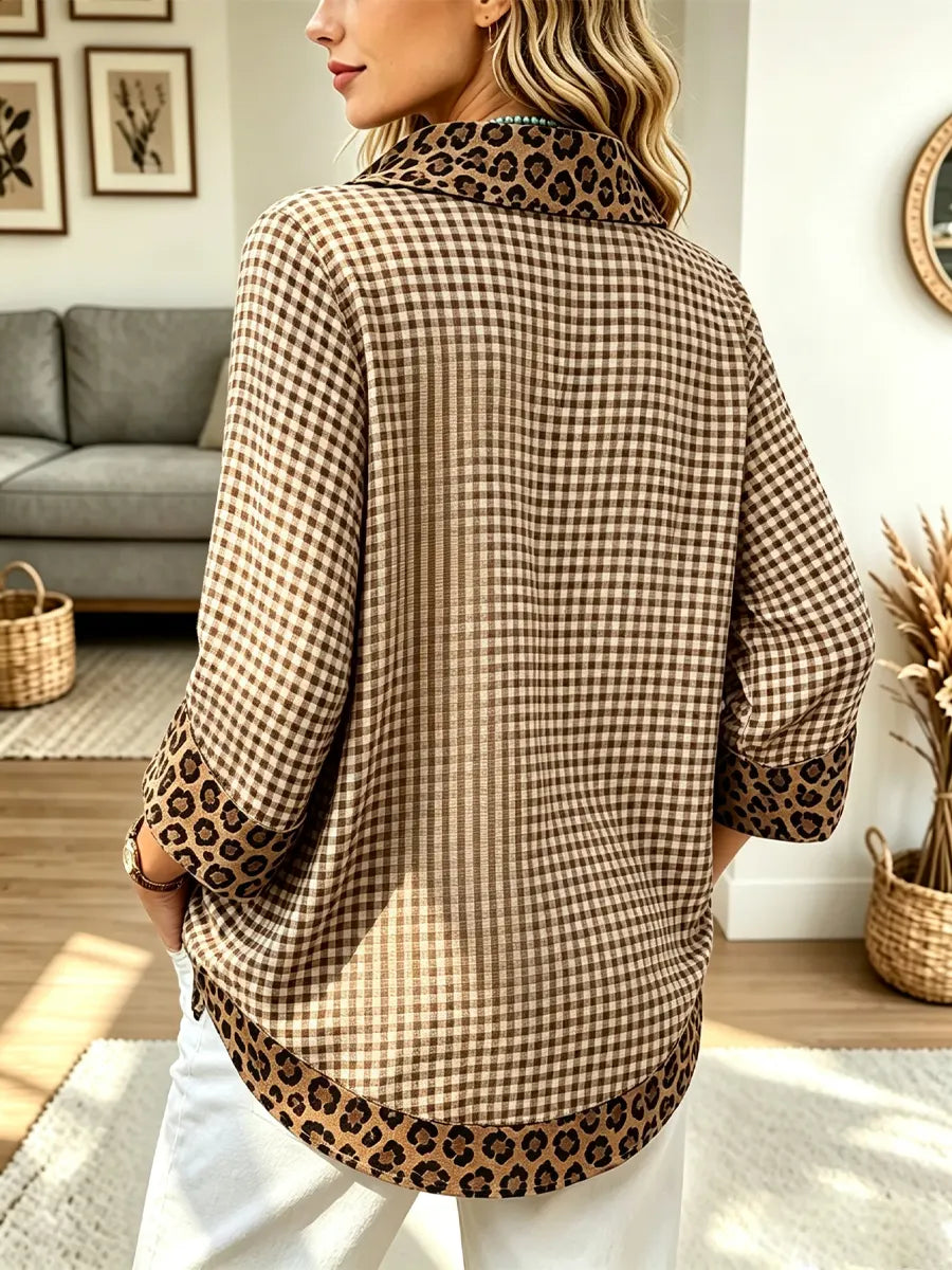 Retro Leopard Plaid Patchwork Art Casual Stylish Long Sleeve Cotton Linen Shirt
