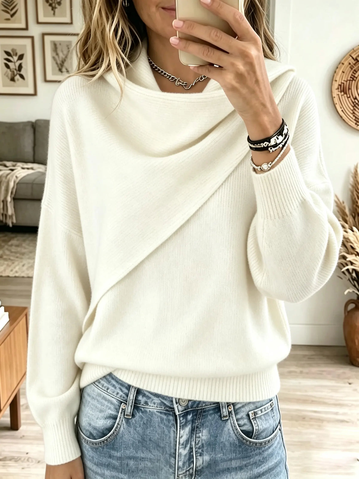 Women's Asymmetrical Draped Cowl Neck Sweater