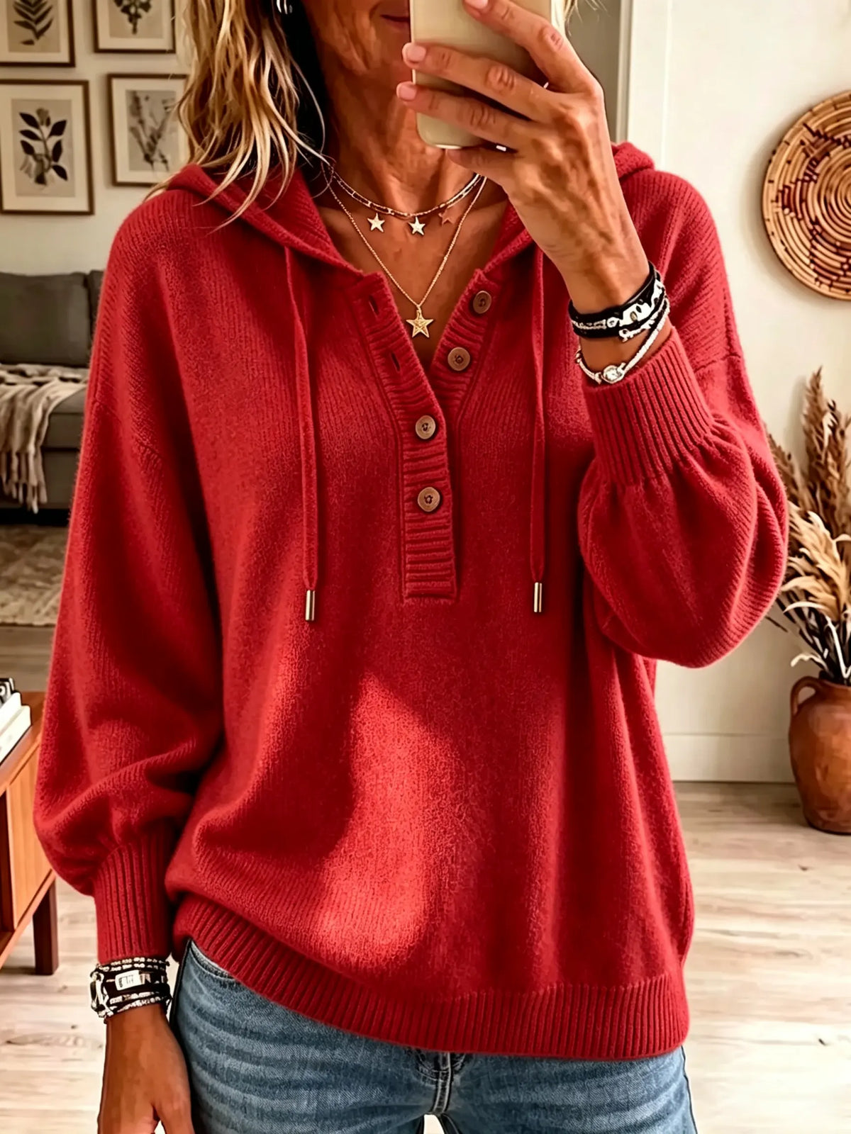 Women's Button Henley Knit Pullover Hoodie