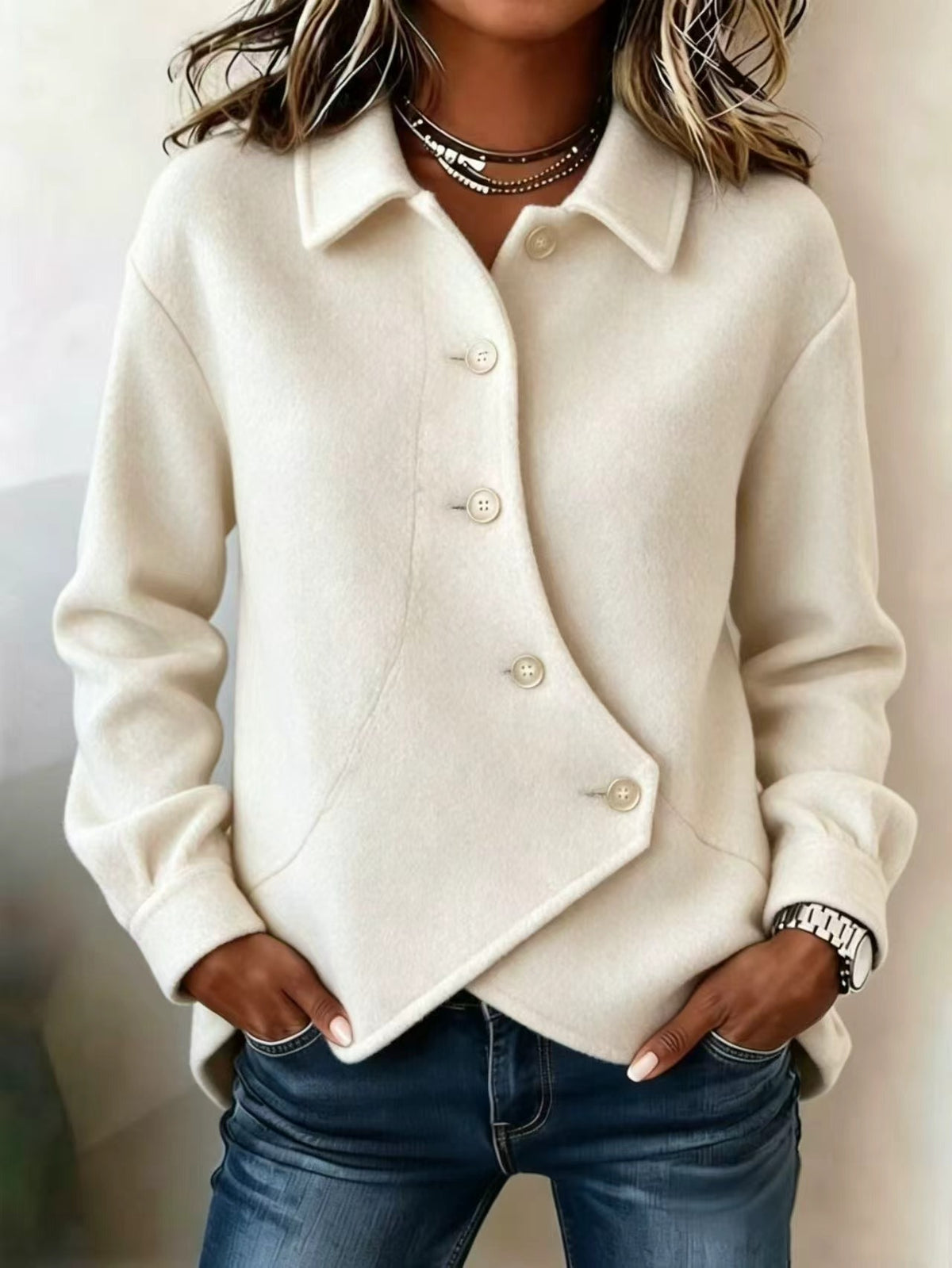 Women Camel Asymmetric Button Lapel Soft Wool Blend Jacket