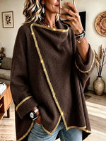 Women's Vintage Elegant Asymmetrical Waffle Gold Trim Poncho