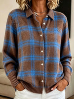 Women Loose Long Sleeve Plaid Collared Button‑front Knit Cardigan Sweater
