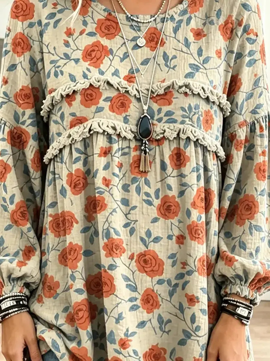 Retro Floral Pattern Art Print Casual Stylish Long Sleeve Cotton Linen Shirt