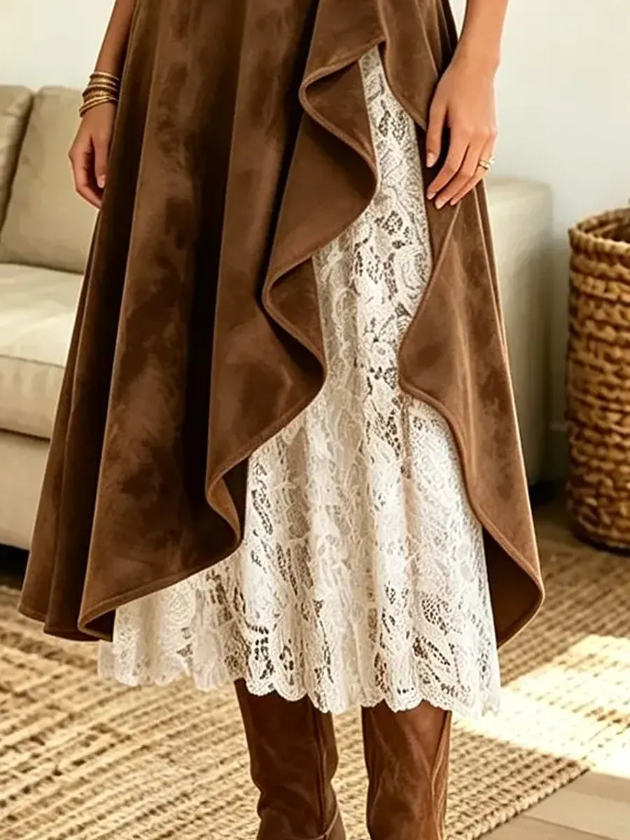 Retro Floral Lace Patchwork Art Casual Suede Stylish Skirt