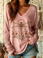 Women's Vintage Dragonfly Print V-Neck Top