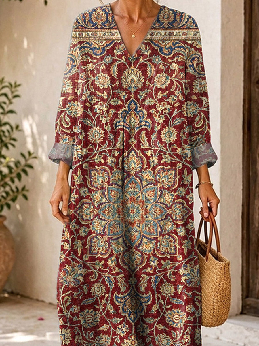 Retro Ethnic Floral Pattern Art Print Casual V-neck Long Sleeve Cotton Linen Maxi Dress