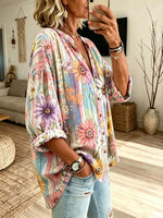 Women's Rainbow Daisy Watercolor Floral Print Collared Loose Shirt