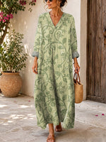 Retro Floral Pattern Art Print Casual V-neck Long Sleeve Cotton Linen Maxi Dress