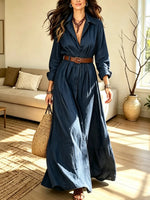 Retro Solid Color Art Casual Stylish Lapel Long Sleeve Maxi Dress