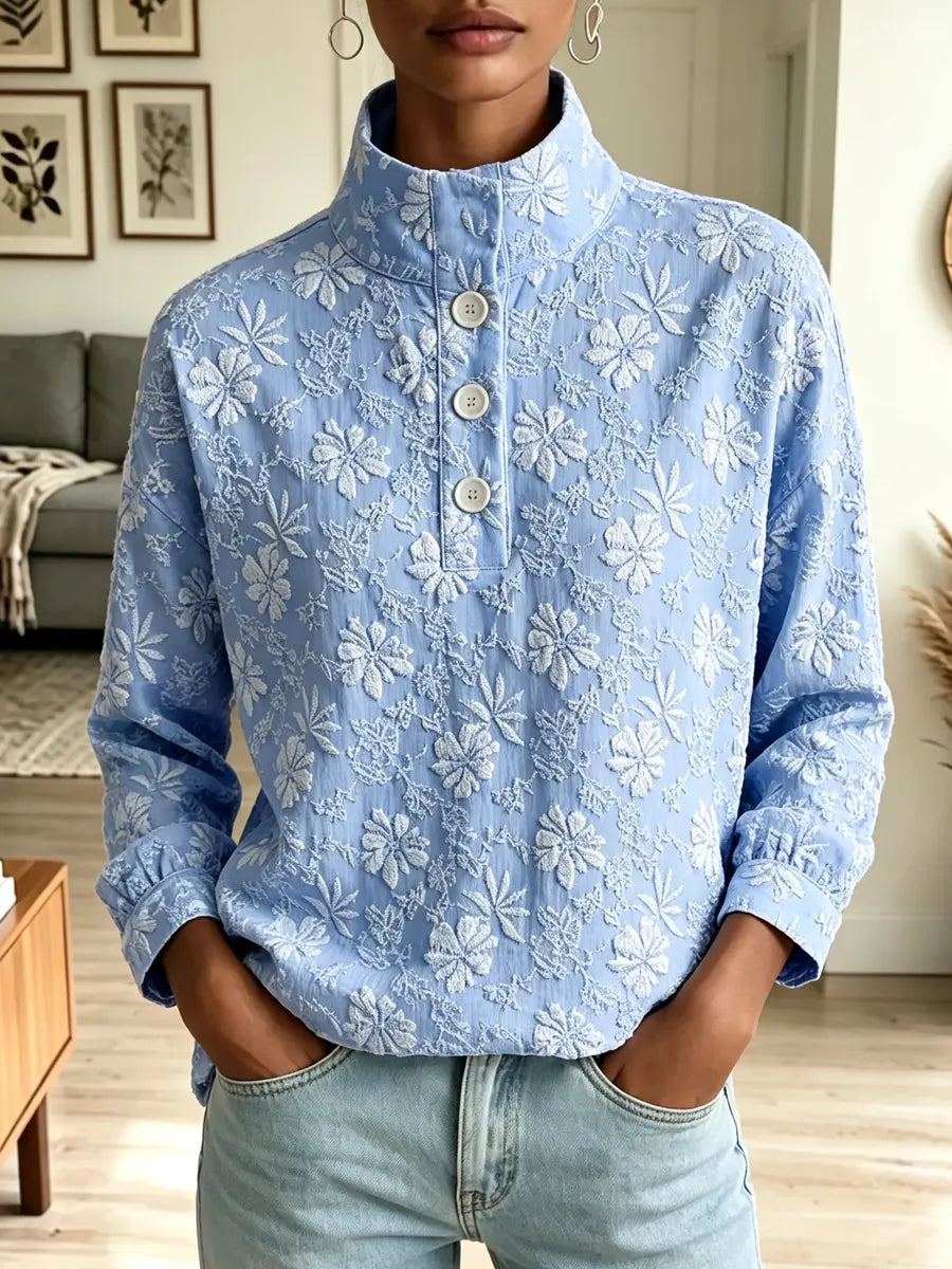 Retro Elegant Floral Pattern Art Casual Stylish Long Sleeve Henley Shirt
