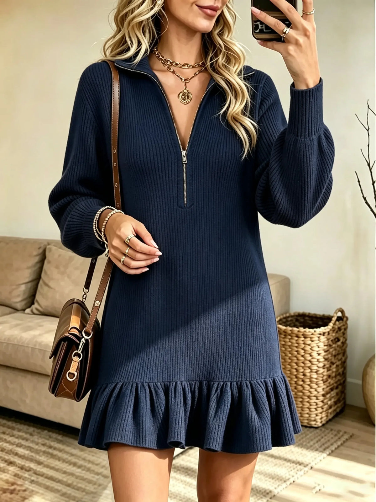 Women's Half-Zip Ruffle Hem Ribbed Sweater Dress