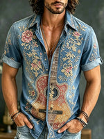 Men's Denim Floral Guitar Print Button-Up Shirt