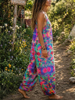 Women’s Colorful Abstract Watercolor Print Spaghetti Strap Boho Harem Jumpsuit With Pockets