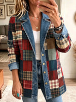 Plaid Patchwork Denim Spliced Blazer Jacket, Women Lapel Button Casual Outerwear