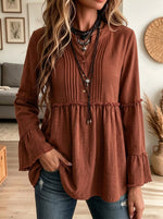 Pleated Front Ruffled Bell Sleeve Babydoll Tunic Blouse