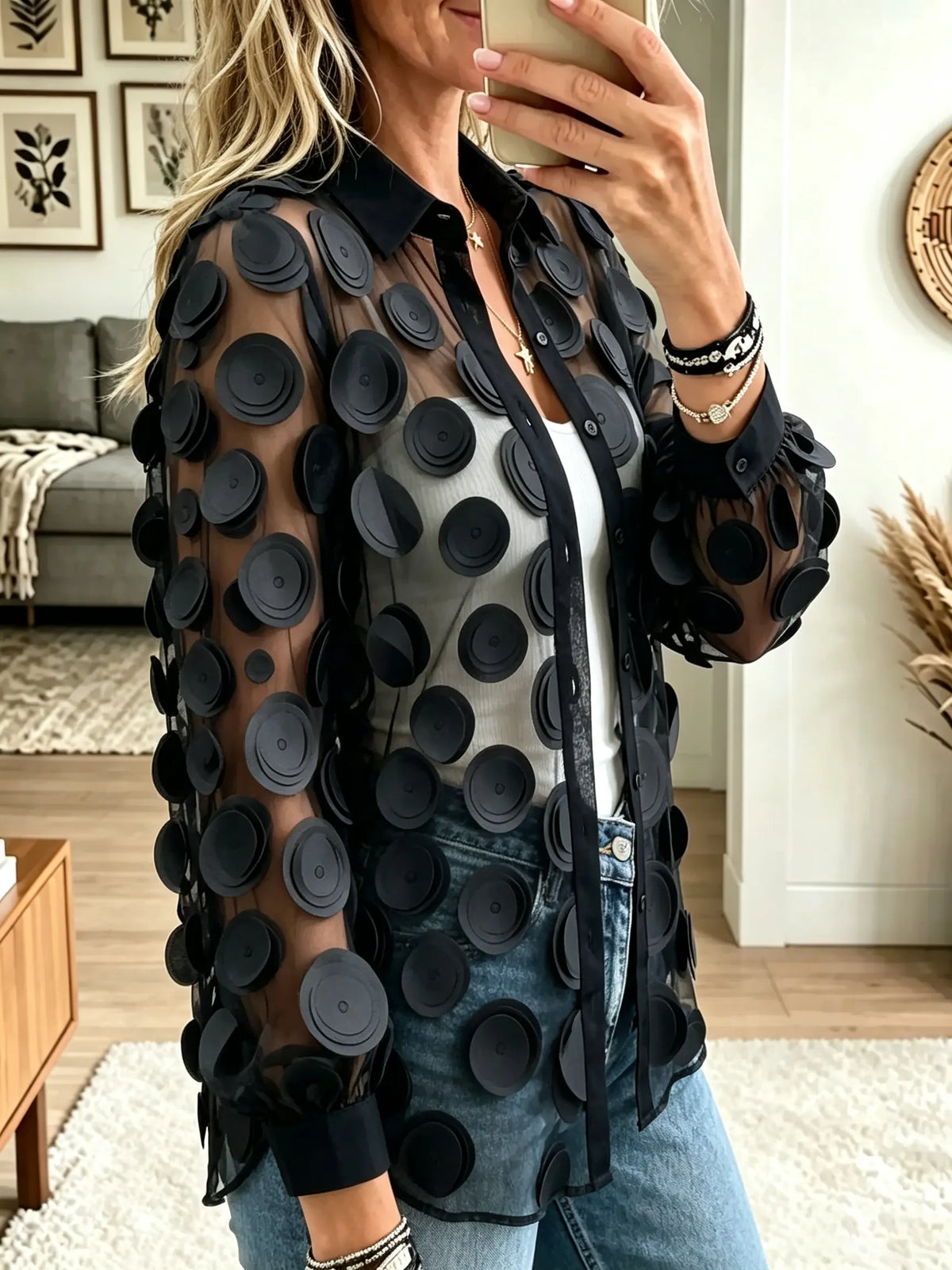 Women's 3D Polka Dot Sheer Button-Down Shirt