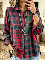 Women Holiday Color‑block Plaid Patchwork Button‑down Long Sleeve Shirt