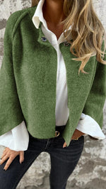 Stand Collar Snap Button Cropped Wool Blend Jacket Casual Short Coat